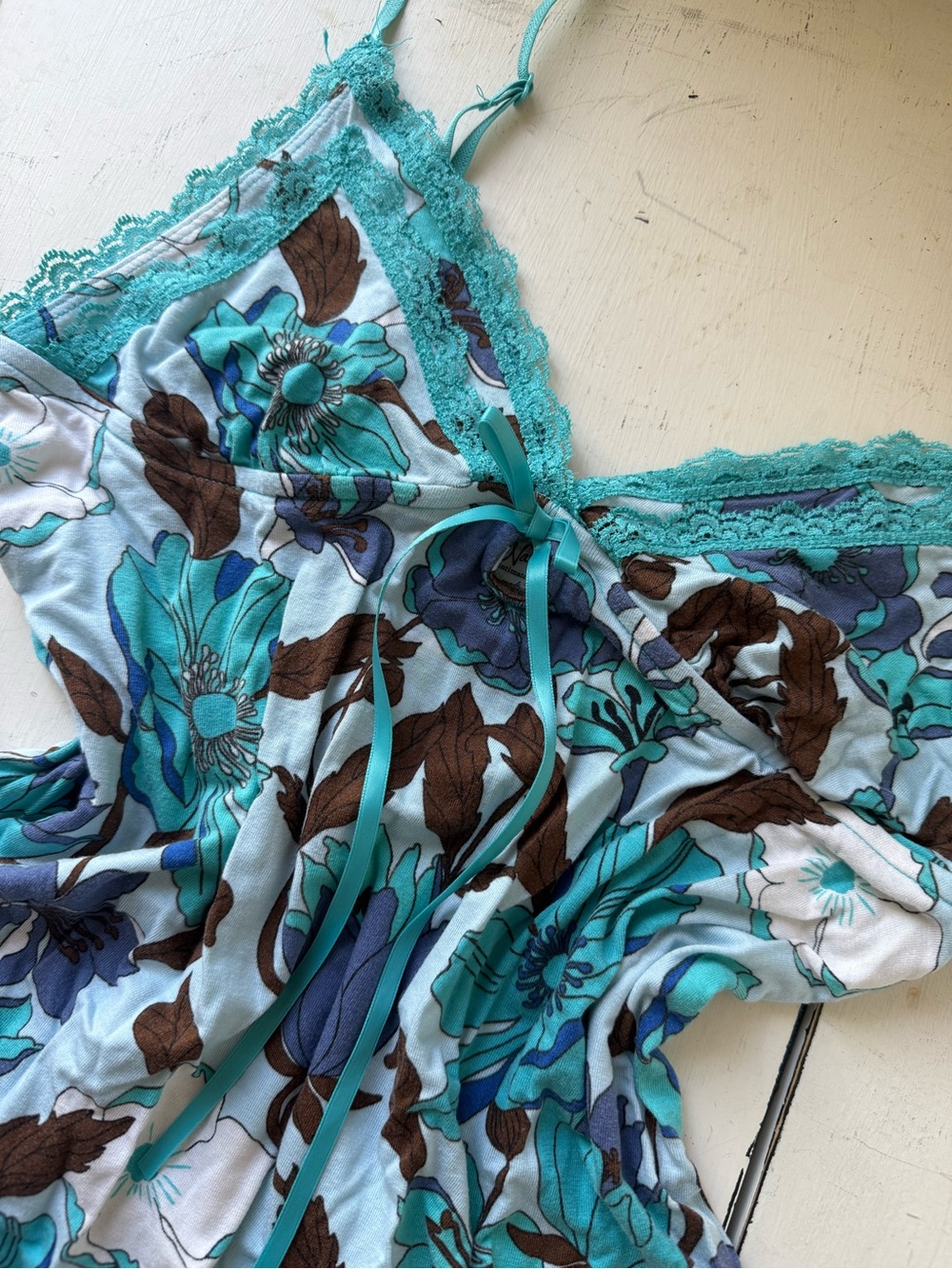 Old Navy Vintage 2007 Teal Brown Floral Lace Slip Dress Coquette Y2K M